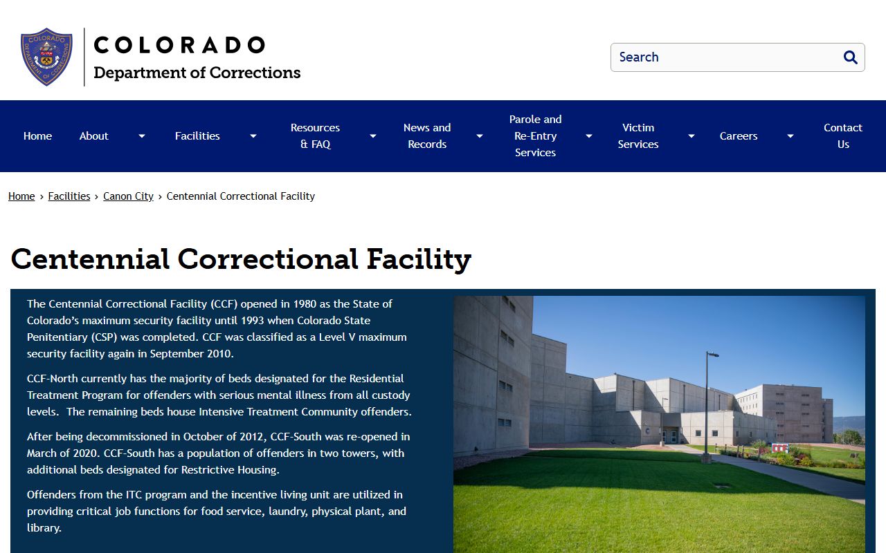 CDOC Centennial Correctional Facility profile showing treatment units and visiting information