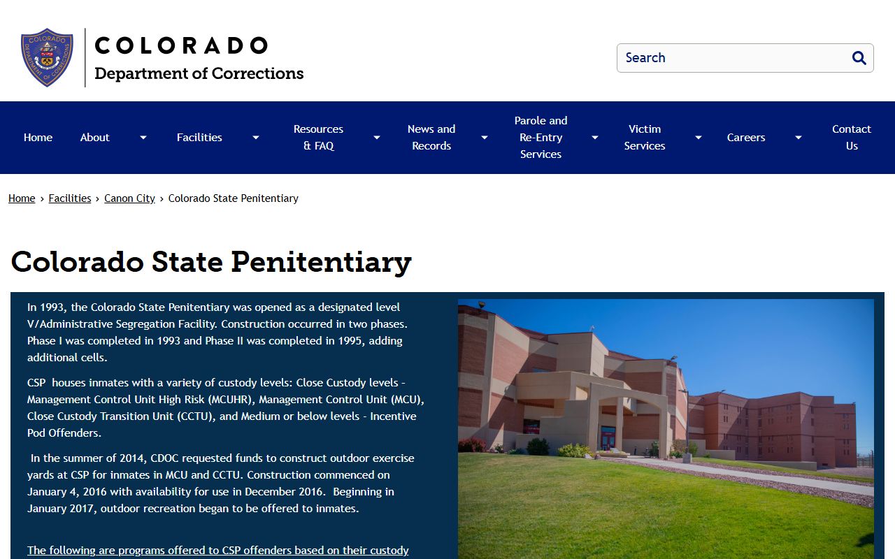 CDOC Colorado State Penitentiary profile and visiting contact information