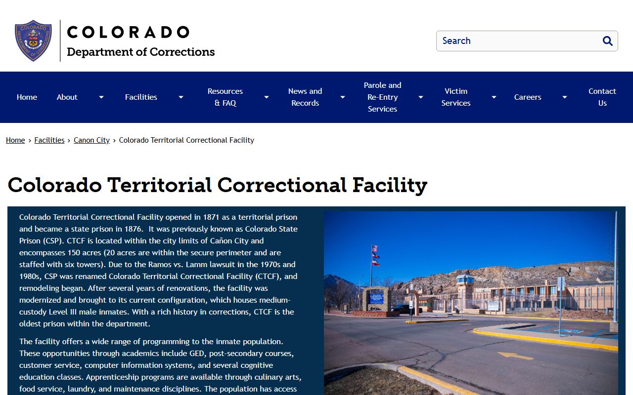CDOC Colorado Territorial Correctional Facility profile with history and visiting table