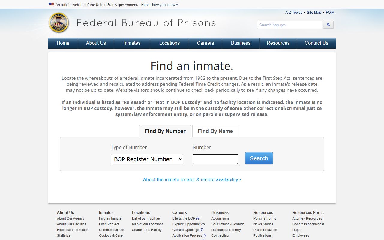 BOP inmate locator search form for federal inmates at FCI Florence