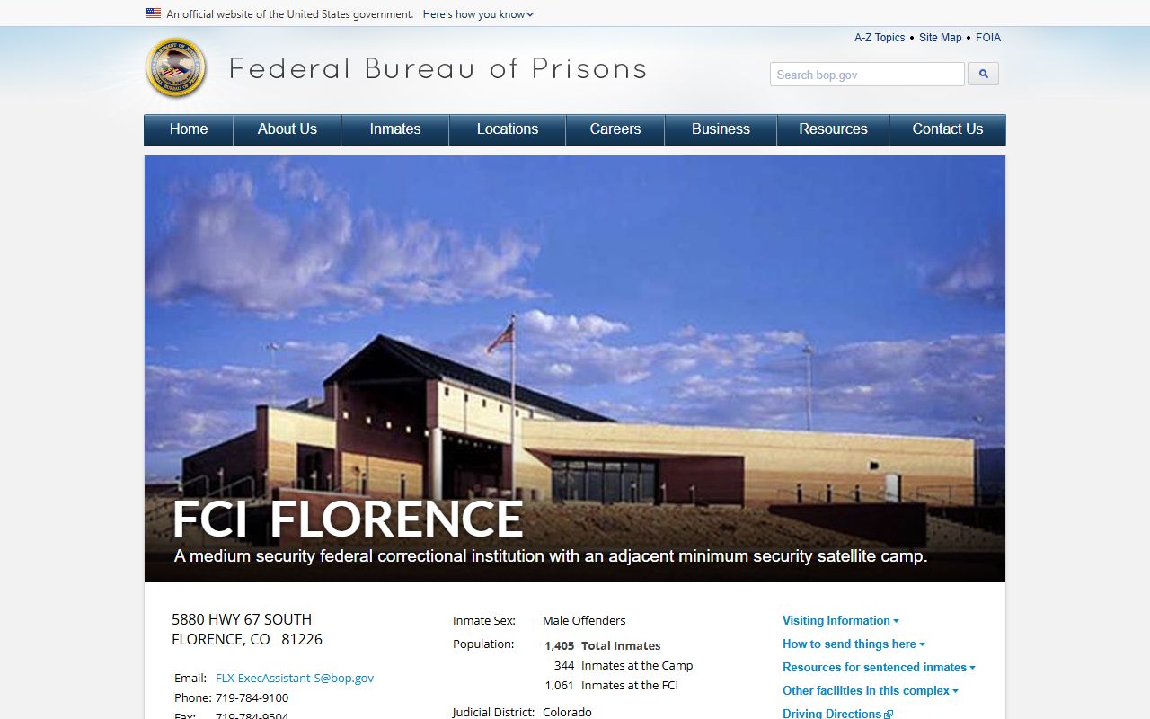 BOP FCI Florence facility page with official institution links