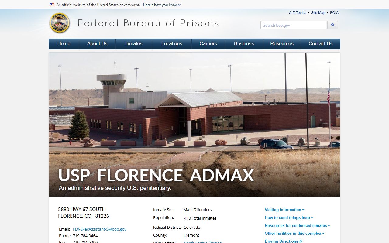 BOP USP Florence ADMAX facility page with institution resources