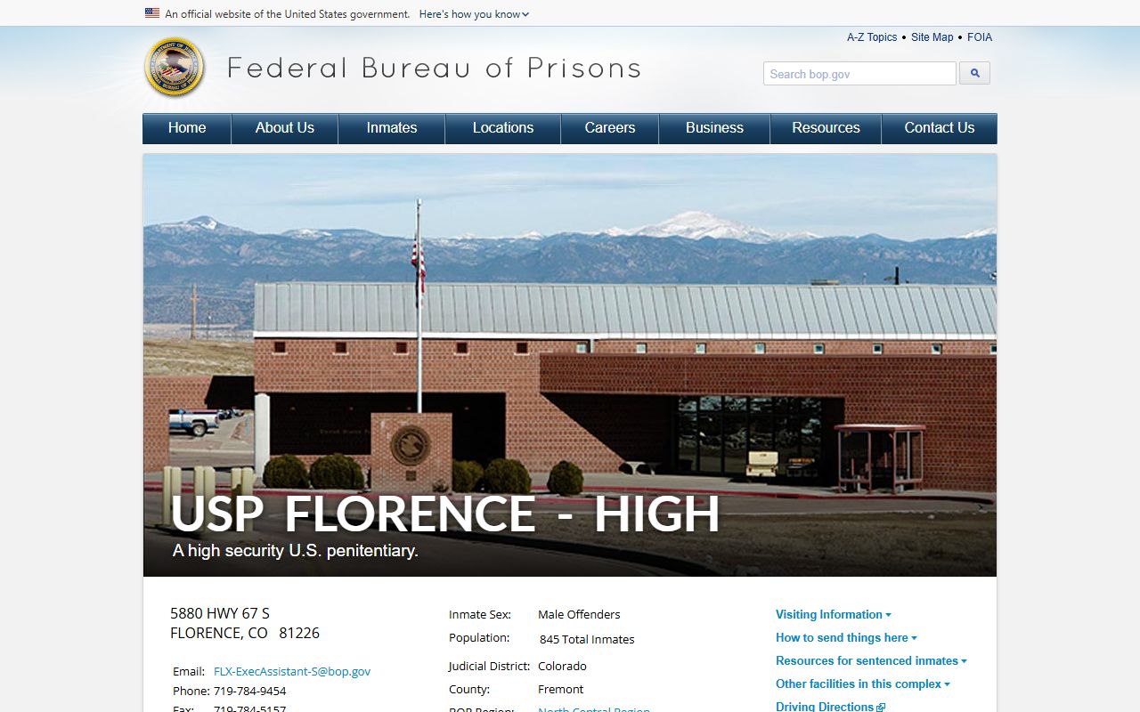 BOP USP Florence - High facility page with institution resources
